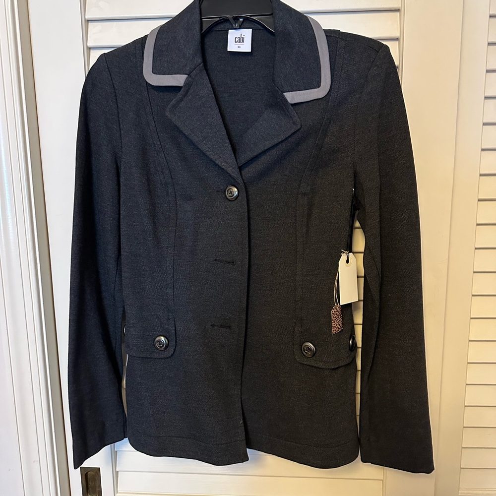 CAbi style 3030 Ponte twill Charcoal Blazer with Light Gray Trim